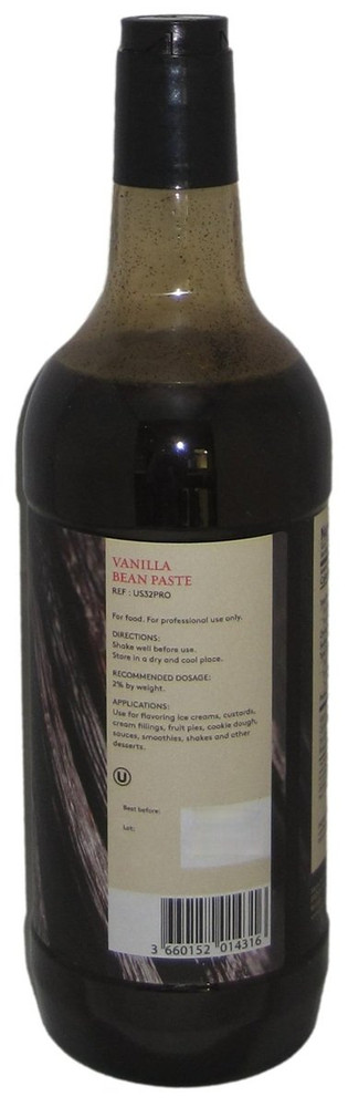 Side panel of Prova Gourmet Madagascar Bourbon vanilla bean paste bottle, 32 oz, showing nutrition facts and usage guidance.