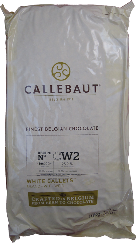 Front of Callebaut CW2 white chocolate callets bag, 22 lbs, showing the cream product label with the Belgian Callebaut branding.
