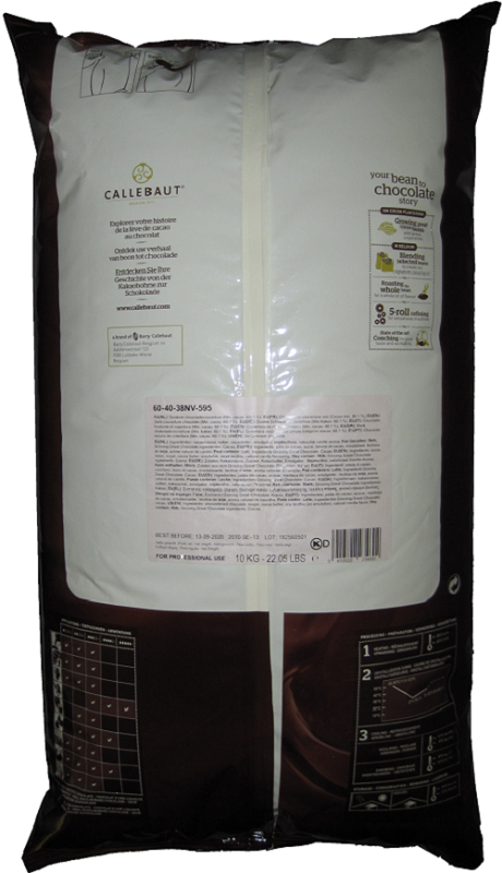 Back of Callebaut 60-40 dark chocolate callets bag, 22 lbs, showing the ingredient panel, nutrition information, and storage guidance.