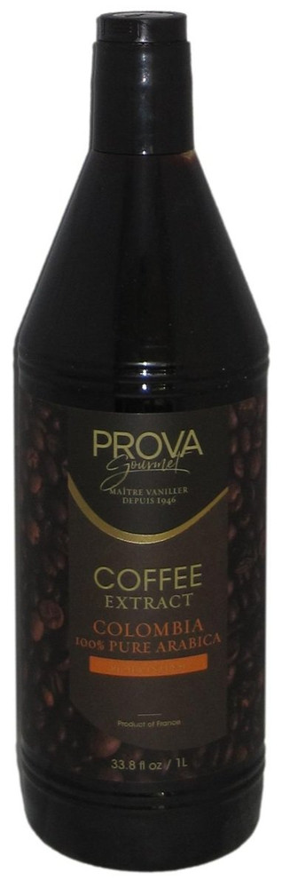 Front of Prova Gourmet Colombian Arabica coffee extract bottle, 33.8 oz, showing the dark brown liquid and French brand label.