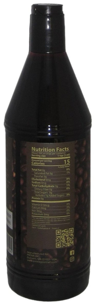 Side panel of Prova Gourmet Colombian Arabica coffee extract bottle, 33.8 oz, showing the ingredient list and Arabica bean origin.