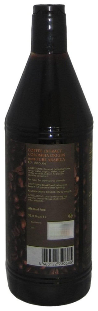 Side panel of Prova Gourmet Colombian Arabica coffee extract bottle, 33.8 oz, showing nutrition facts and recommended usage.
