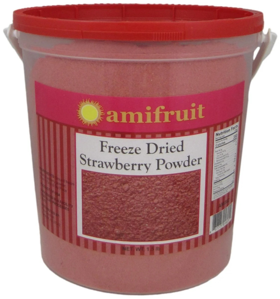 Amifruit Freeze Dried Strawberry Powder, a 1.5 lb tub of pure milled USDA Grade A strawberries for baking, pastry, chocolate work, and gelato.