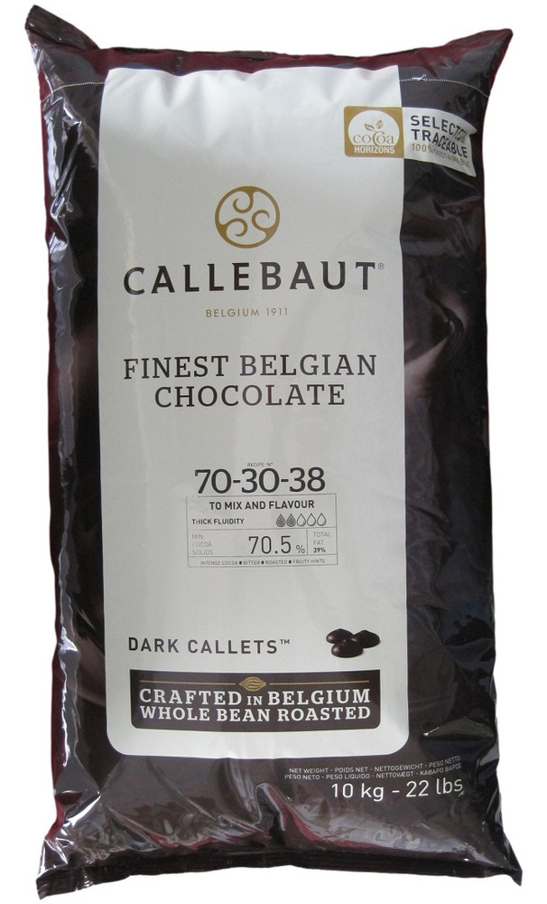 Front of Callebaut 70-30-38 dark chocolate callets bag, 22 lbs, showing the Callebaut label with the 70.5% cocoa recipe and Belgian branding.