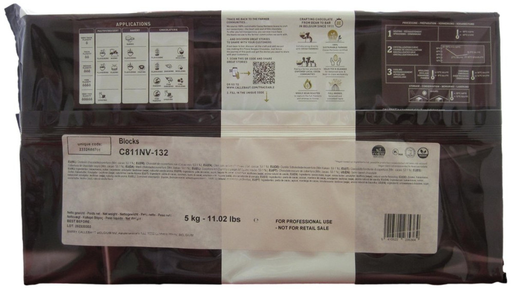 Back of Callebaut C811 dark chocolate block wrapper, 11 lbs, showing the ingredient panel, nutrition information, and storage guidance.