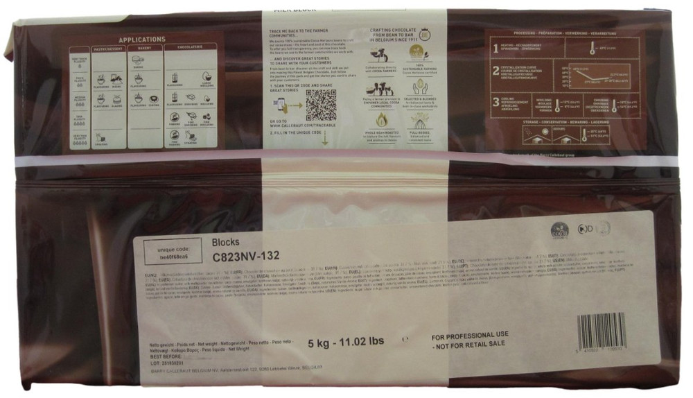 Back of Callebaut C823 milk chocolate block wrapper, 11 lbs, showing the ingredient panel, nutrition information, and storage guidance.