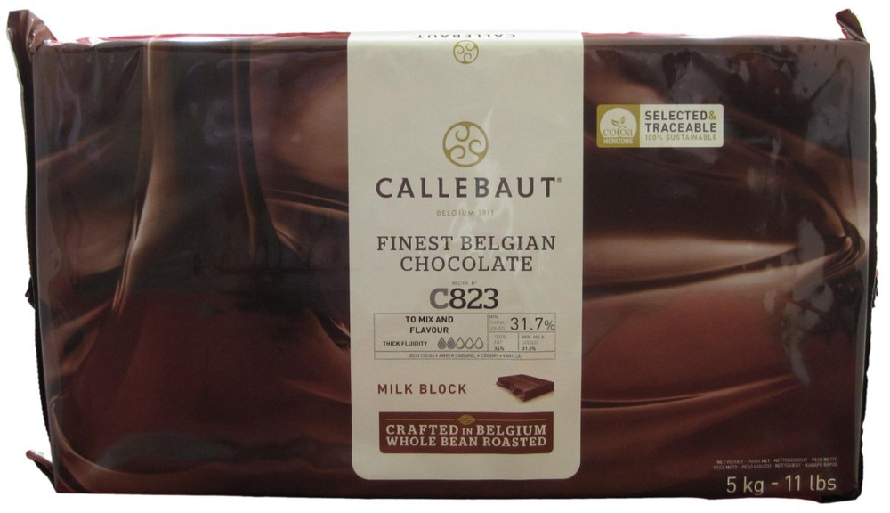 Front of Callebaut C823 milk chocolate block, 11 lbs, showing the wrapped block with the Callebaut label and 31.7% cocoa recipe.