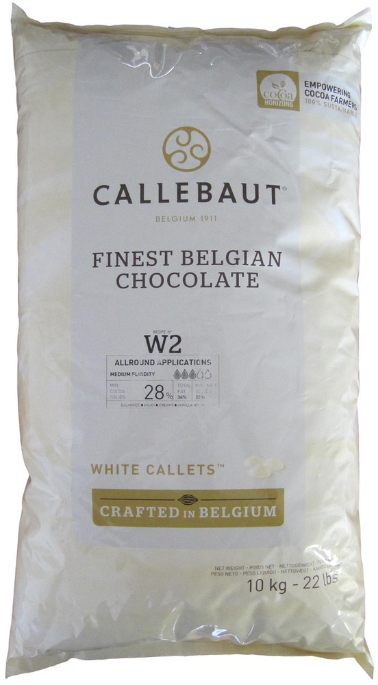 Front of Callebaut W2 28% white chocolate callets bag, 22 lbs, showing the cream product label with the Belgian Callebaut branding.