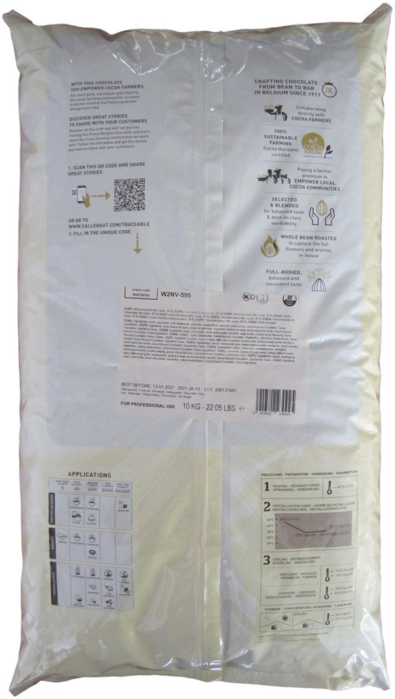 Back of Callebaut W2 white chocolate callets bag, 22 lbs, showing the ingredient panel, nutrition information, and storage instructions.