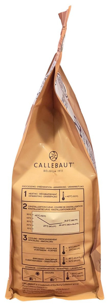 Opposite side of Callebaut Gold caramel chocolate callets bag, 5.5 lbs, showing the bag gusset with Callebaut branding.