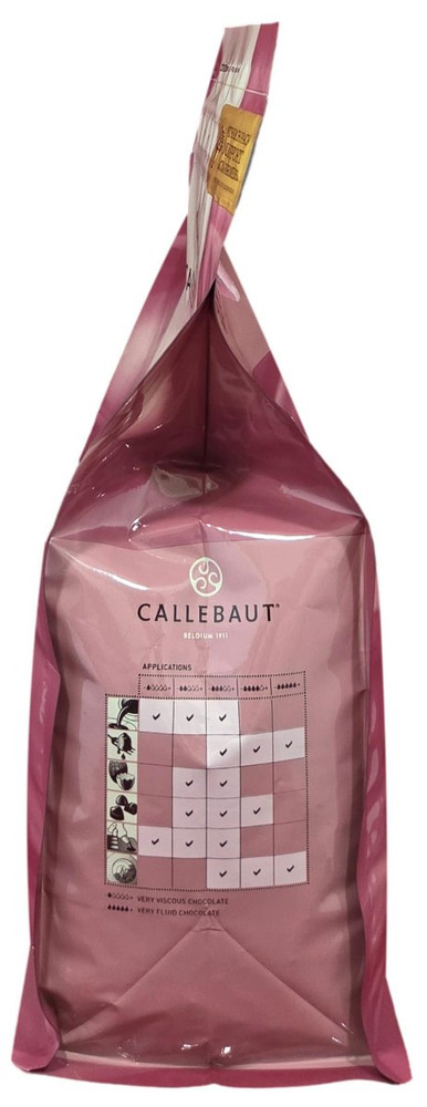 Opposite side of Callebaut Ruby RB2 chocolate callets bag, 5.5 lbs, showing the bag gusset with Callebaut branding.