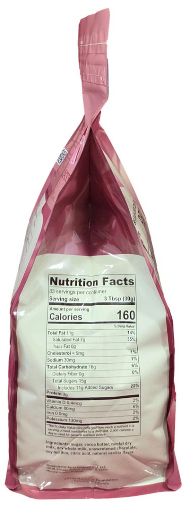Side of Callebaut Ruby RB2 chocolate callets bag, 5.5 lbs, showing the bag gusset with product code and lot information.