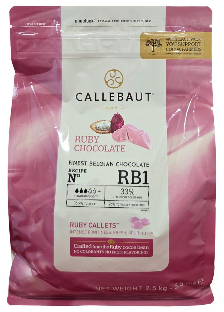 Front of Callebaut Ruby RB2 chocolate callets bag, 5.5 lbs, showing the pink label with the ruby recipe and Belgian Callebaut branding.