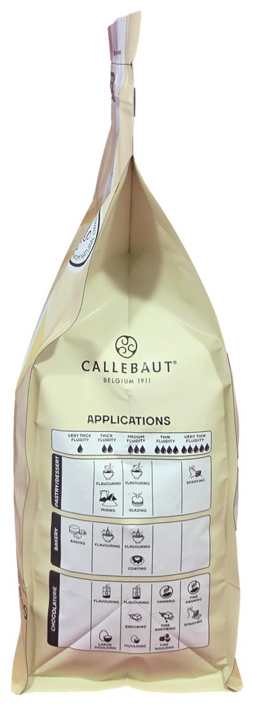 Side of Callebaut Velvet white chocolate callets bag, 5.5 lbs, showing the bag gusset with product code and lot information.