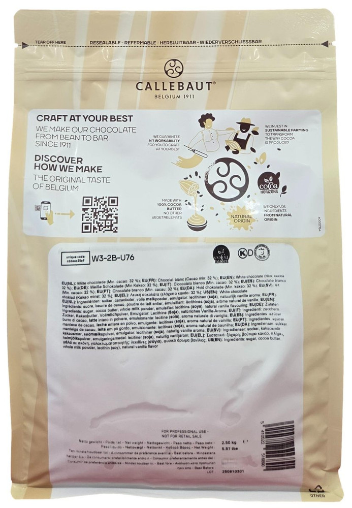 Back of Callebaut Velvet white chocolate callets bag, 5.5 lbs, showing the ingredient panel, nutrition information, and storage guidance.