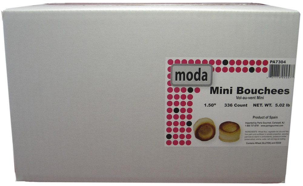 Retail box of Moda Bouchees puff pastry shells, 1.5 inch size, 336 pieces, showing the packaging and product branding.
