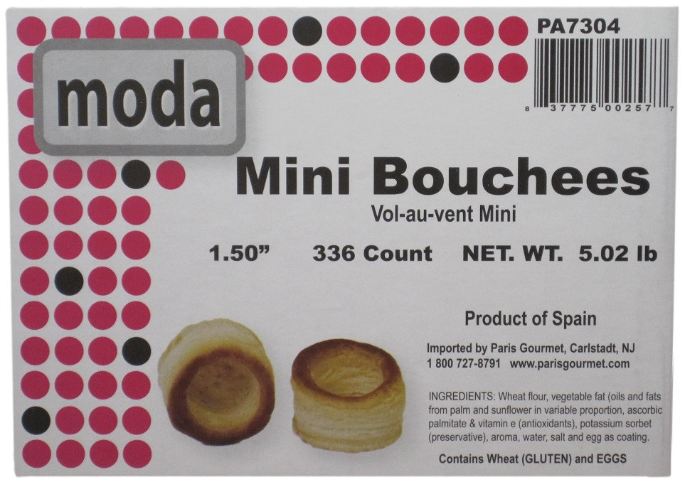 Closeup of the Moda Bouchees pastry shell label, 1.5 inch size, showing the product name, Spanish origin, and golden puff pastry photo.