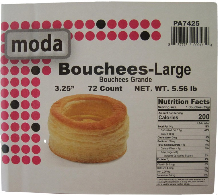Closeup of the Moda Bouchees pastry shell label, 3.25 inch size, 72 pieces, showing the product name and golden puff pastry photo.