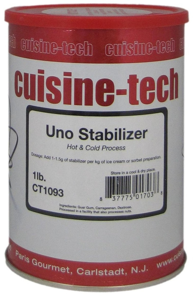 Front of Cuisine Tech Uno stabilizer cylinder, 1 lb size, displaying the red and white label with hot and cold process branding.