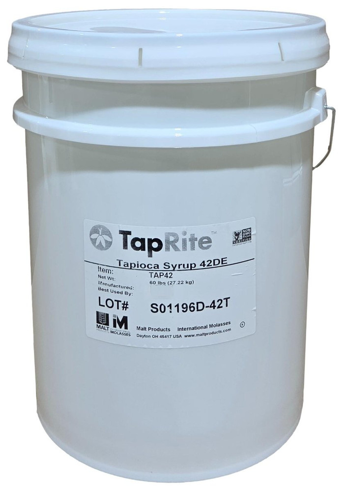 Front of Malt Products TapRite 42 DE tapioca syrup pail, 60 lb size, displaying the company label and Non-GMO Project Verified mark.