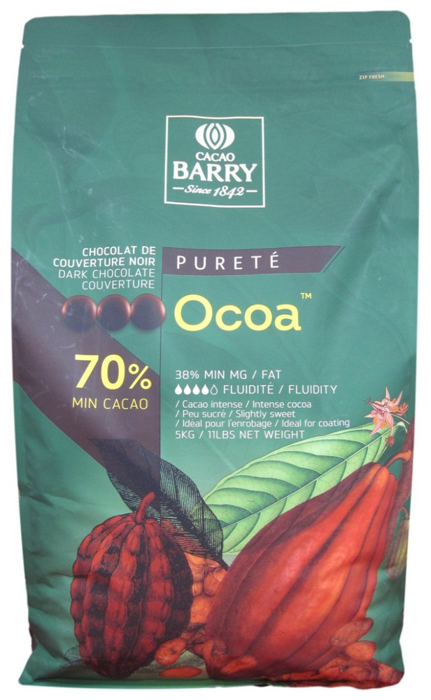Front of Cacao Barry Ocoa dark chocolate pistoles bag, 11 lbs, showing the label with the 70% cocoa recipe and French branding.