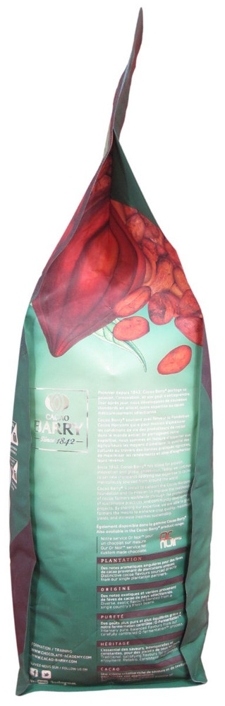 Opposite side of Cacao Barry Ocoa dark chocolate pistoles bag, 11 lbs, showing the bag gusset with Cacao Barry branding.
