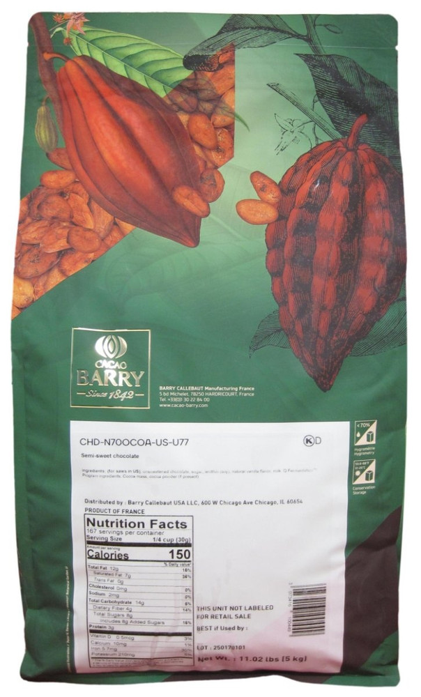 Back of Cacao Barry Ocoa dark chocolate pistoles bag, 11 lbs, showing the ingredient panel, nutrition information, and storage guidance.