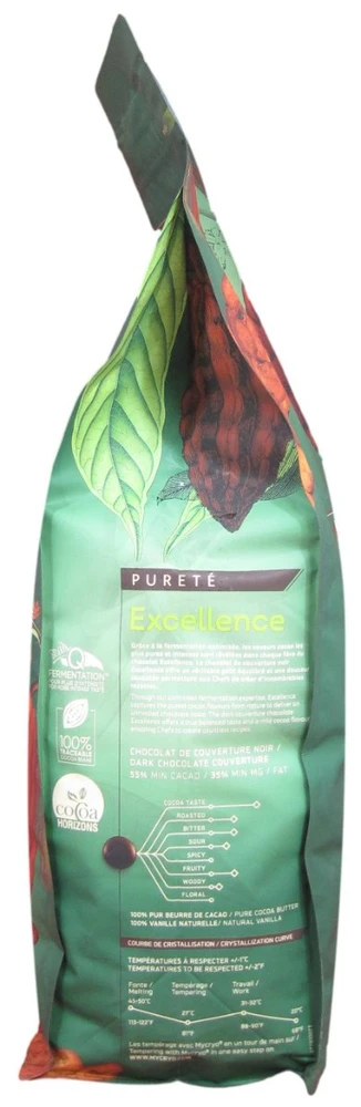 Opposite side of Cacao Barry Excellence dark chocolate pistoles bag, 11 lbs, showing the bag gusset with Cacao Barry branding.
