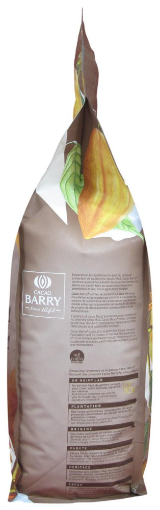 Side of Cacao Barry Zephyr white chocolate pistoles bag, 11 lbs, showing the bag gusset with product code and lot information.