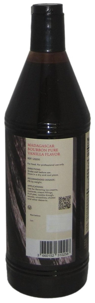Side panel of Prova Gourmet alcohol free Madagascar Bourbon vanilla extract bottle, 33.8 oz, showing the ingredient list and sourcing detail.