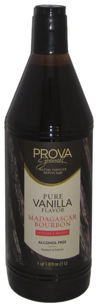 Front of Prova Gourmet alcohol free Madagascar Bourbon vanilla extract bottle, 33.8 oz, showing the dark amber liquid and French brand label.