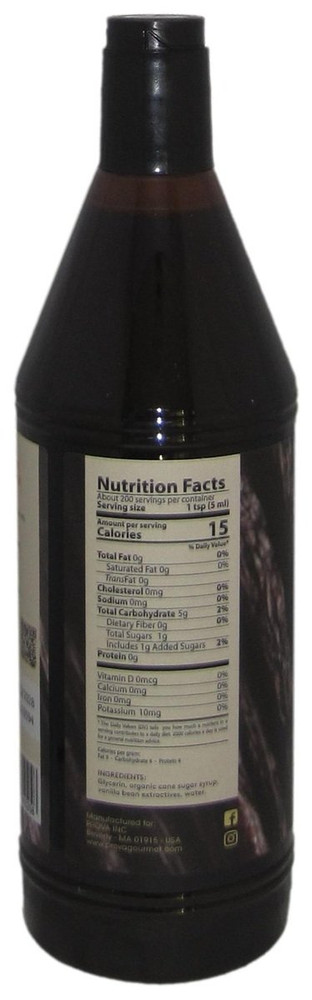 Side panel of Prova Gourmet alcohol free Madagascar Bourbon vanilla extract bottle, 33.8 oz, showing nutrition facts and usage guidance.