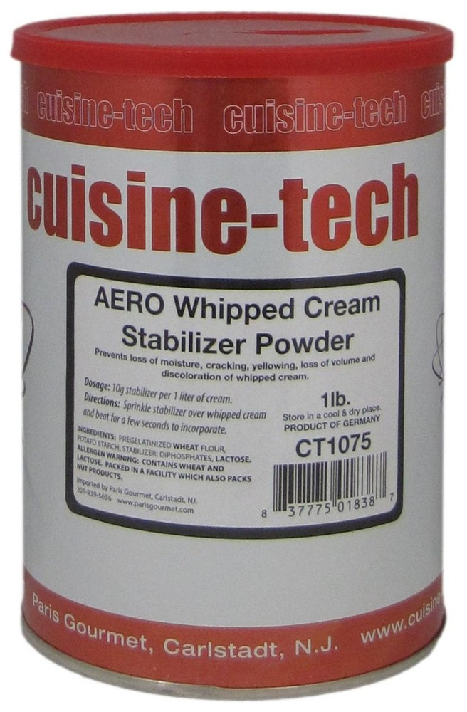 Front of Cuisine Tech AERO whipped cream stabilizer powder cylinder, 1 lb size, displaying the red and white label and German origin.