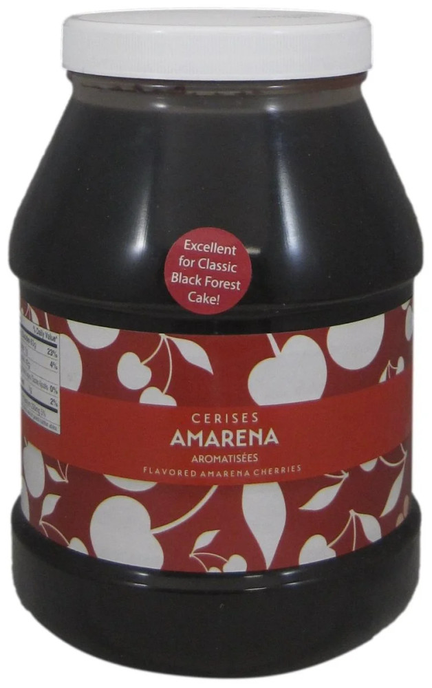 Front of Amifruit Black Forest style cherries jar, 6 lb size, displaying the red and black label with cherry illustration and Amifruit branding.