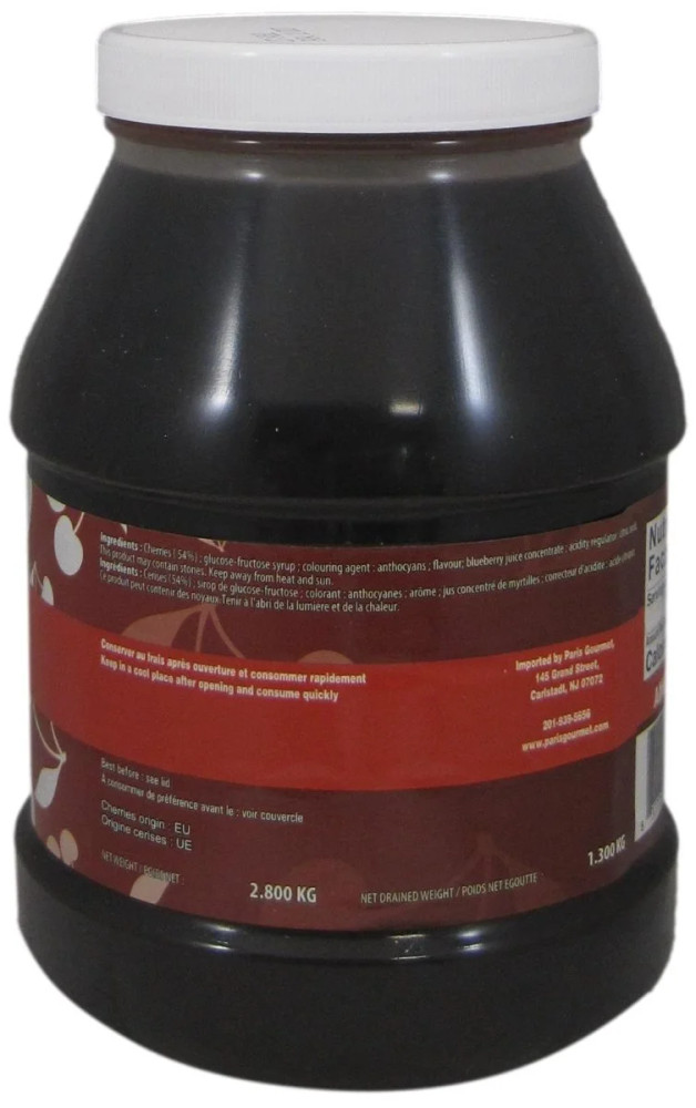 Side panel of Amifruit Black Forest style cherries jar, showing the ingredient list, nutrition information, and usage notes.