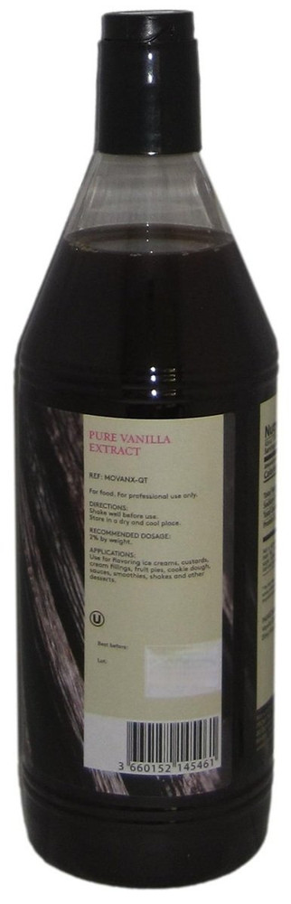 Side panel of Prova Gourmet pure vanilla extract bottle, 32 oz, showing the nutrition facts and recommended usage for baking and pastry.