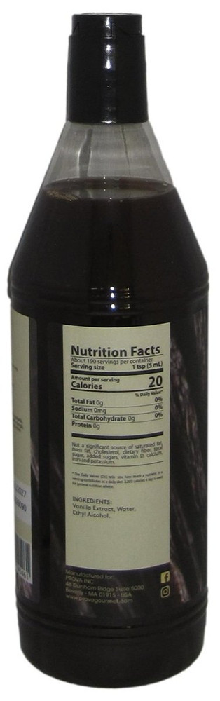 Side panel of Prova Gourmet pure vanilla extract bottle, 32 oz, showing the ingredient list and 36% alcohol by volume specification.