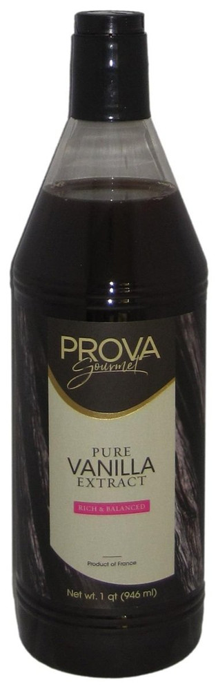 Front of Prova Gourmet pure vanilla extract bottle, 32 oz, showing the amber liquid through the French brand label panel.