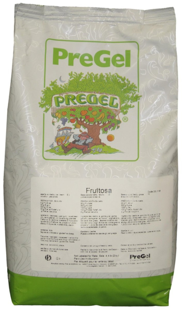 Front of PreGel Fruttosa sorbet base bag, 4.4 lb size, showing the product label and PreGel branding.