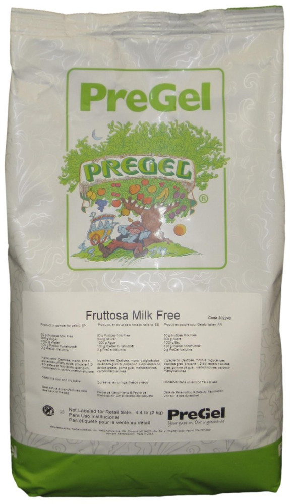 Front of PreGel Fruttosa Milk Free sorbet base bag, 4.4 lb size, showing the product label and dairy-free branding.