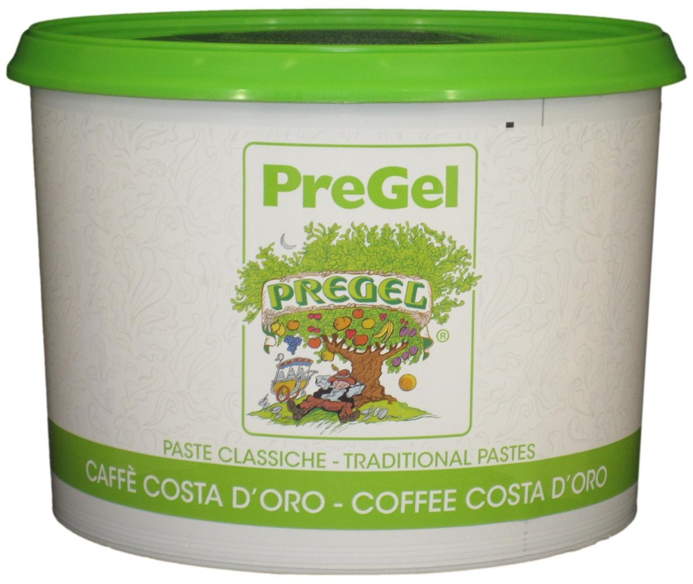 Front of PreGel Caffe Costa d'Oro espresso gelato flavoring paste bucket, 6.6 lb size, showing the brown product label and Italian branding.
