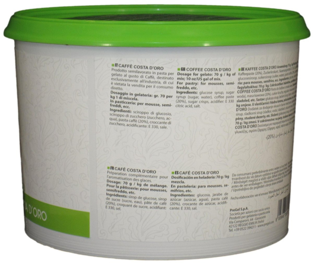 Side panel of PreGel Caffe Costa d'Oro espresso gelato flavoring paste bucket, showing additional product information, allergen statement, and batch details.