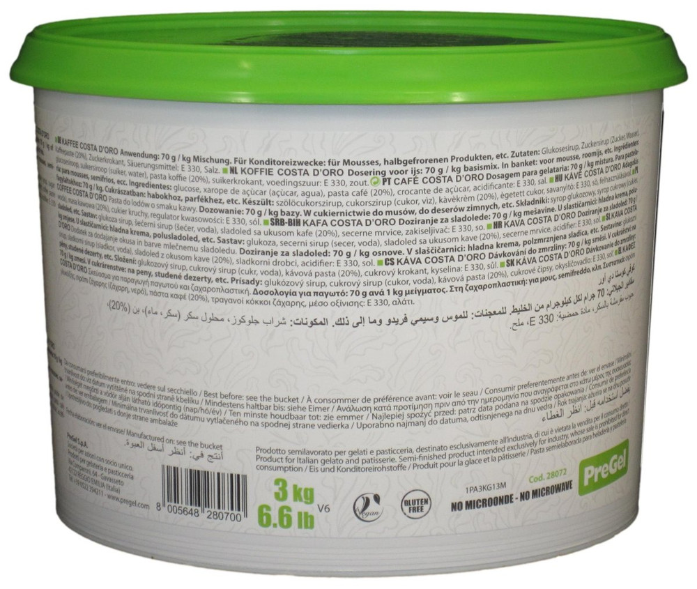 Side panel of PreGel Caffe Costa d'Oro espresso gelato flavoring paste bucket, showing the ingredient list, nutrition information, and usage notes.