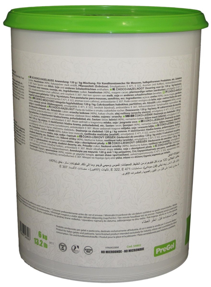 Side panel of PreGel Choco-Hazelnut gelato flavoring paste bucket, showing additional product information, allergen statement, and batch details.