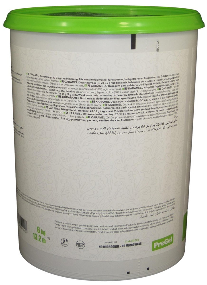 Side panel of PreGel Dark Caramel flavoring paste bucket, showing the ingredient list, nutrition information, and usage notes.