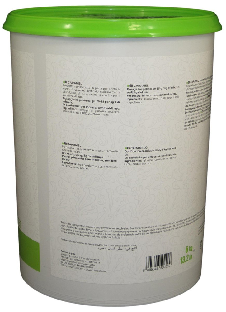 Side panel of PreGel Dark Caramel flavoring paste bucket, showing additional product information, allergen statement, and batch details.
