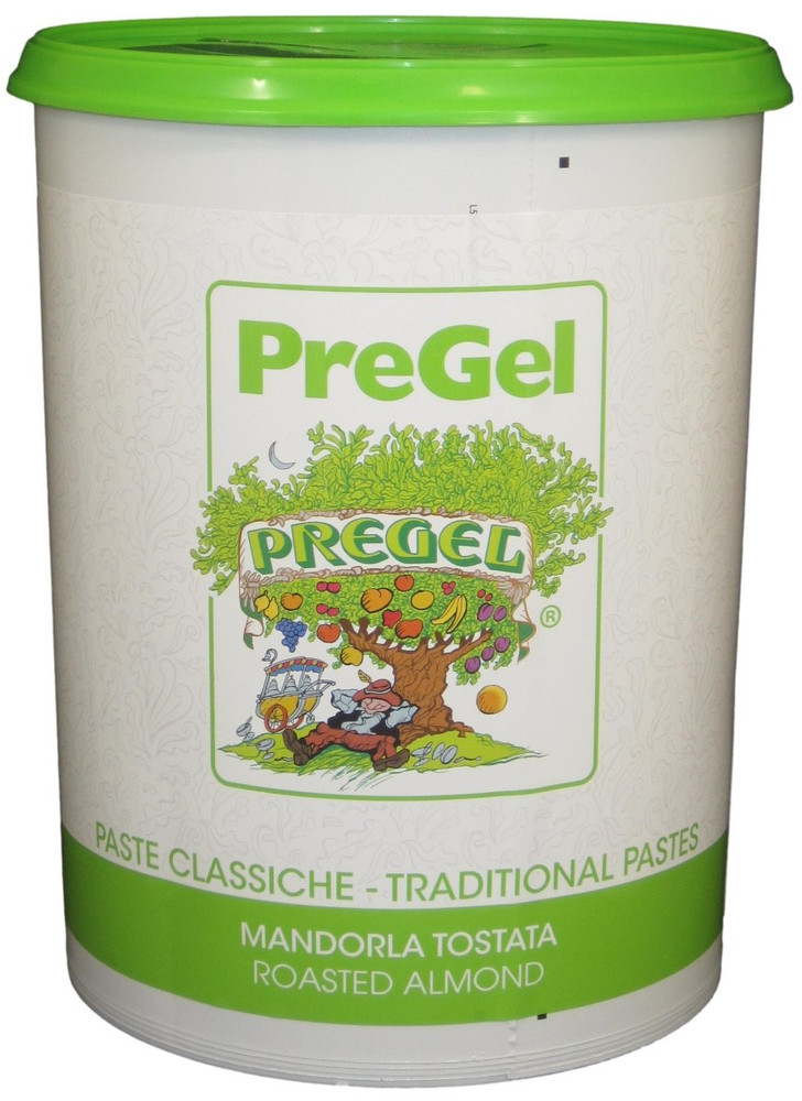 Front of PreGel Roasted Almond gelato flavoring paste bucket, 13.2 lb size, showing the product label and Italian branding.