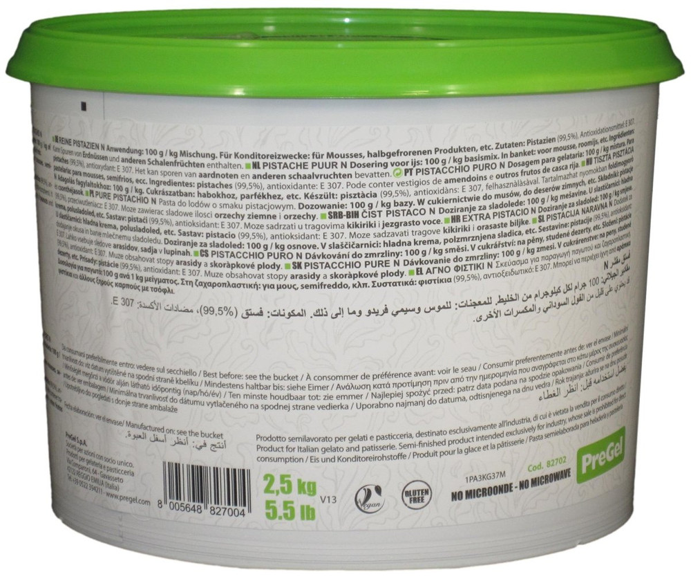 Side panel of PreGel Pistachio Puro pure pistachio gelato flavoring paste bucket, showing additional product information, allergen statement, and batch details.