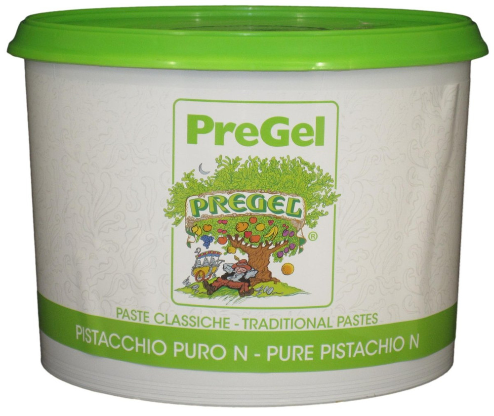Front of PreGel Pistachio Puro pure pistachio gelato flavoring paste bucket, 5.5 lb size, showing the product label and Italian branding.