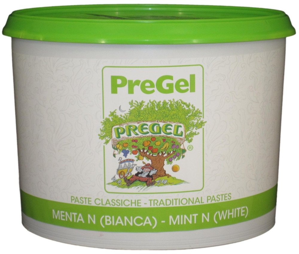 Front of PreGel White Mint gelato flavoring paste bucket, 6.6 lb size, showing the product label and Italian branding.